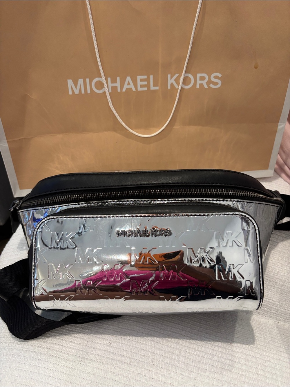 Michael Kors Reflective Silver MK Logo Belt Bag